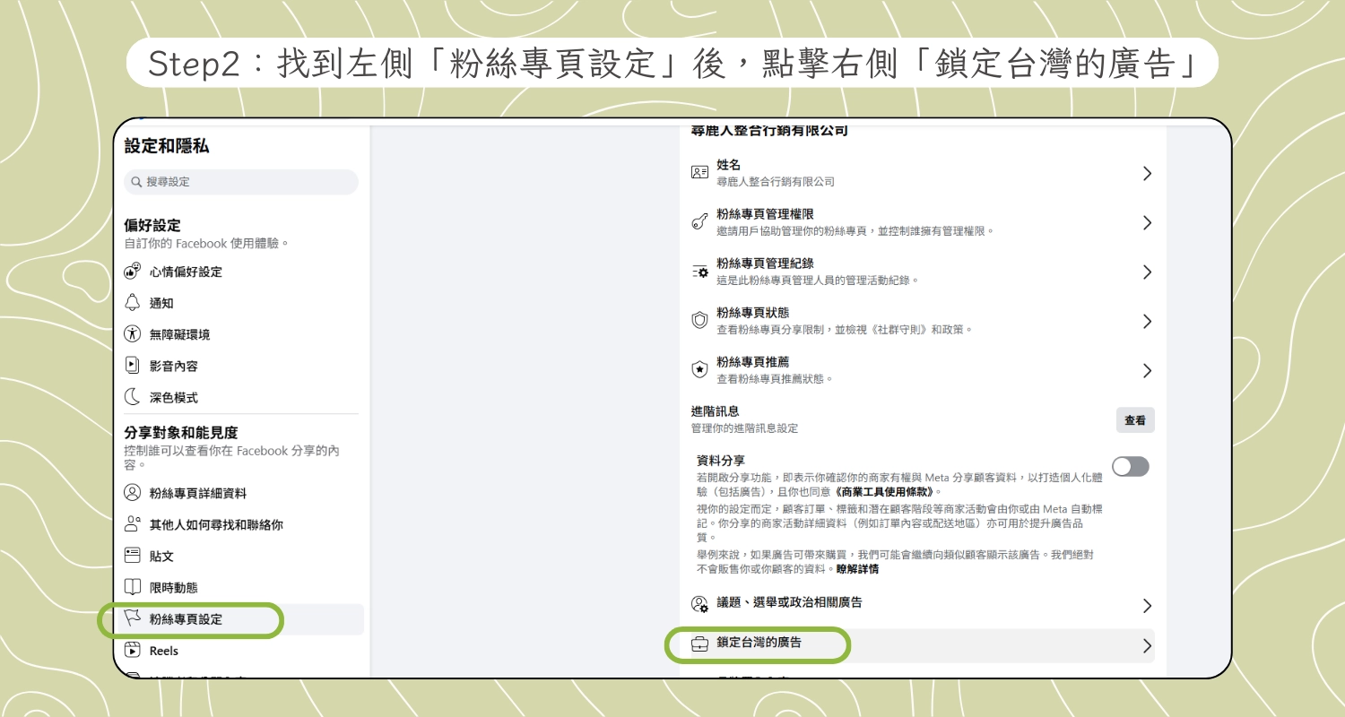 找到左側「粉絲專頁設定」後,點擊進入「鎖定台灣的廣告」。